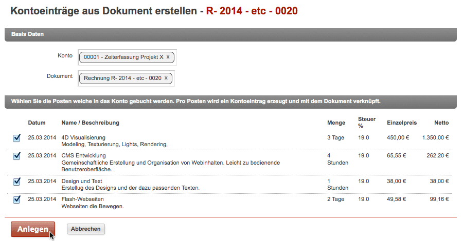 Einstellungen - Kontoeinträge aus Dokument