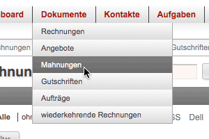 Dokumente Menü Mahnungen