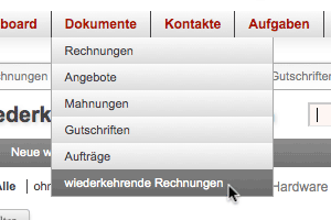 Dokumente Menü Wiederkehrenden Rechnungen