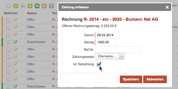 Teilzahlung erfassen